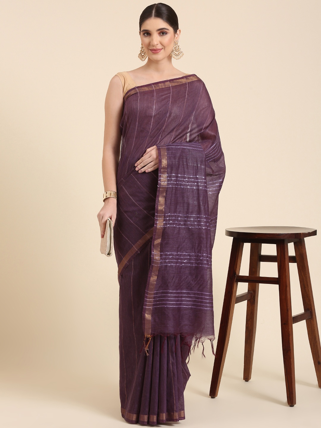 

swatika Woven Design Striped Bhagalpuri Saree, Purple