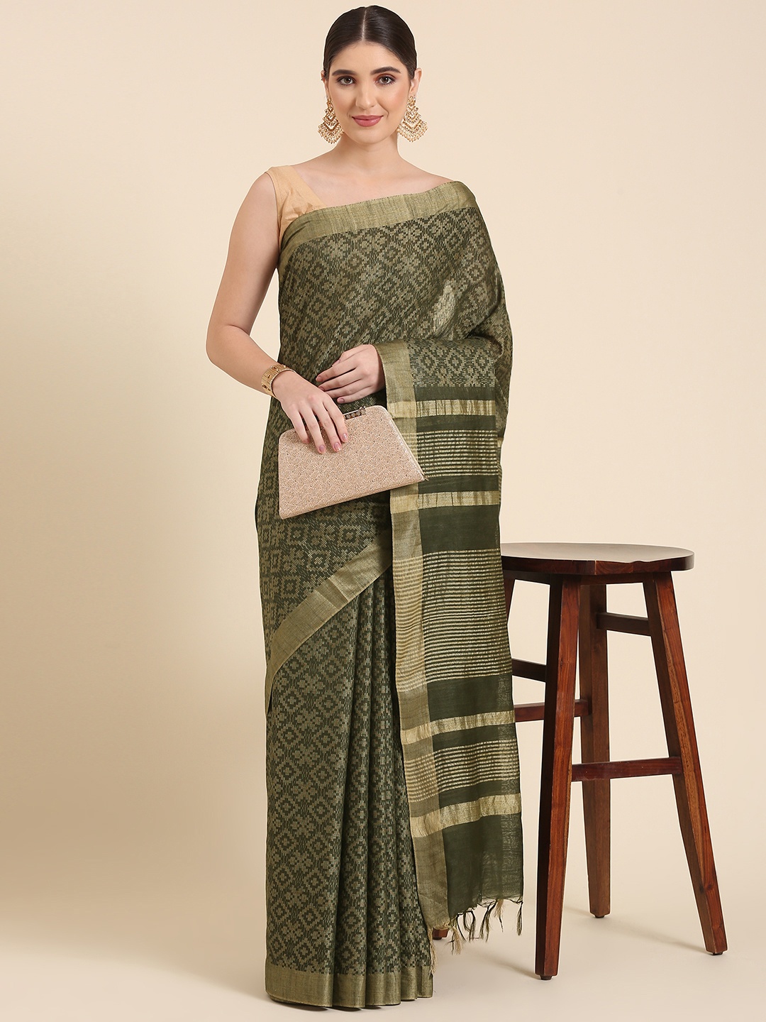 

swatika Woven Design Ethnic Motifs Bhagalpuri Saree, Green