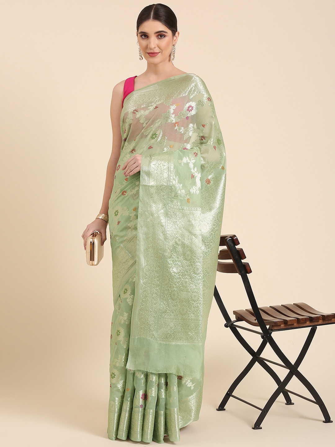 

swatika Woven Design Floral Zari Banarasi Saree, Green