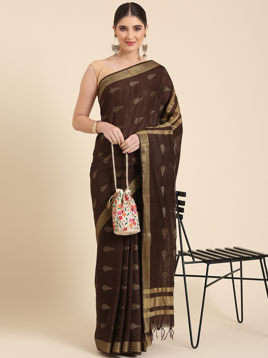 

swatika Woven Design Ethnic Motifs Bhagalpuri Saree, Brown