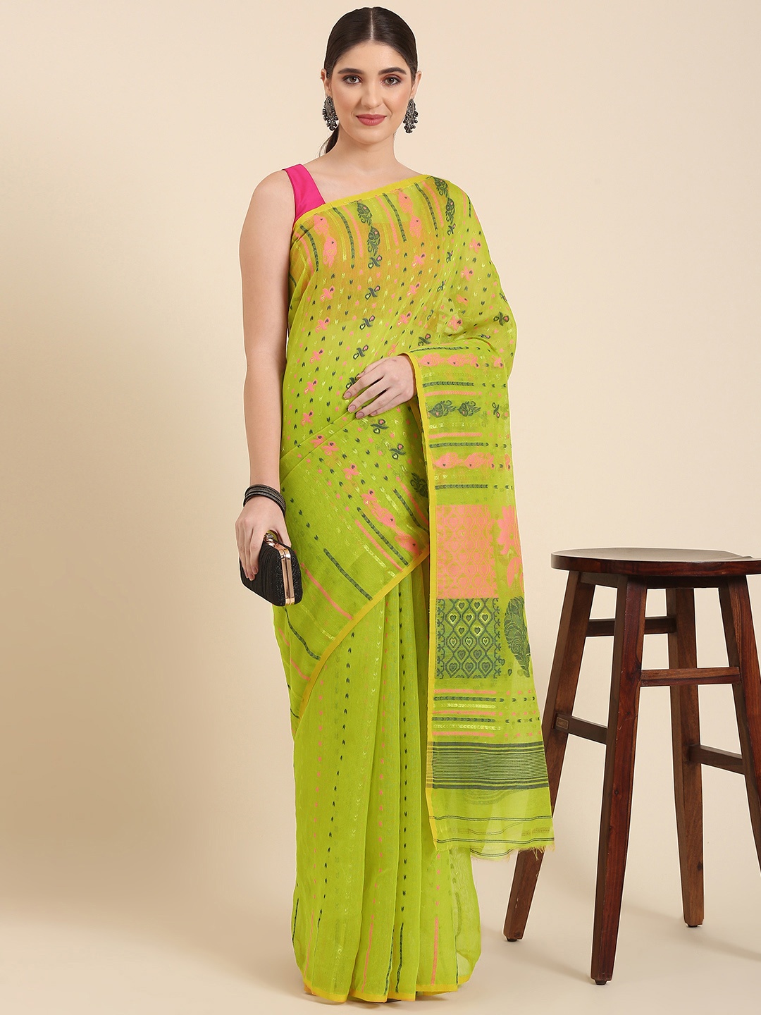 

swatika Woven Design Ethnic Motifs Jamdani Saree, Green