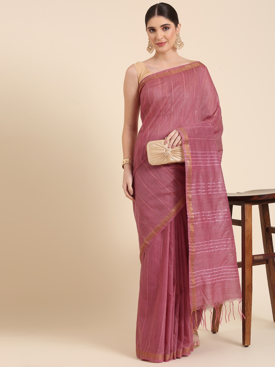 

swatika Woven Design Striped Bhagalpuri Saree, Pink