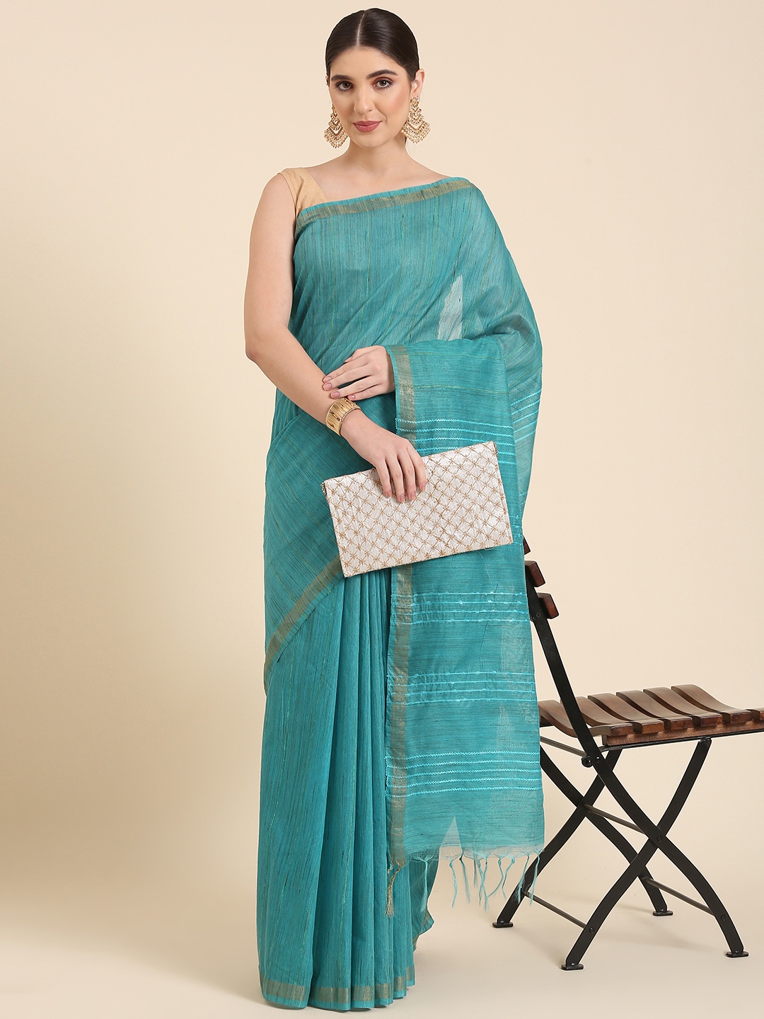 

swatika Woven Design Striped Bhagalpuri Saree, Blue