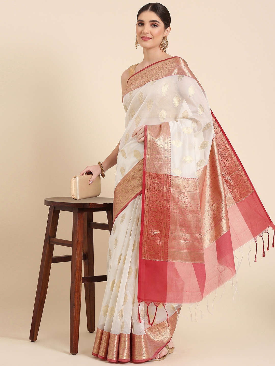 

swatika Woven Design Ethnic Motifs Zari Bhagalpuri Saree, White