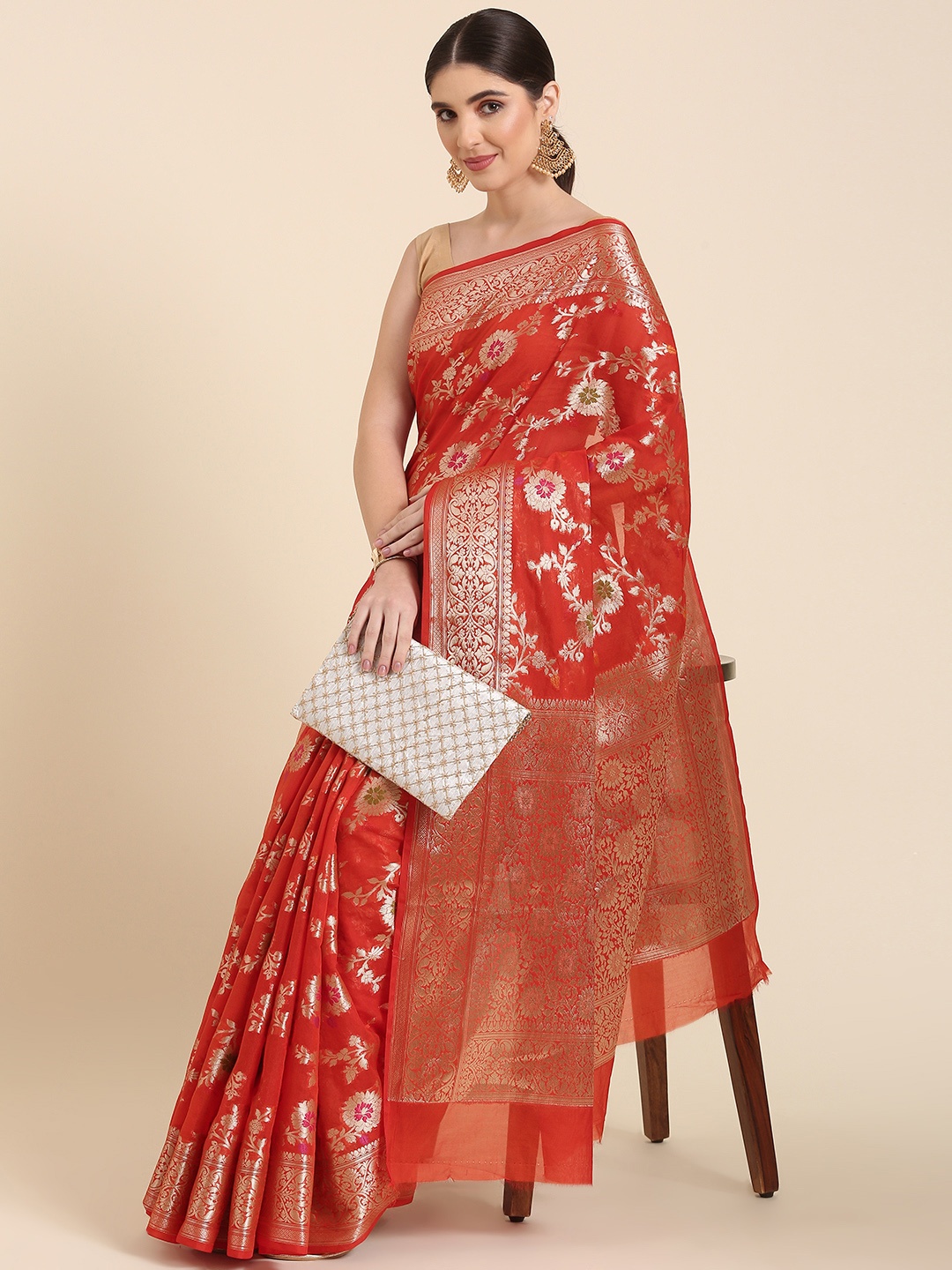 

swatika Woven Design Floral Zari Banarasi Saree, Orange