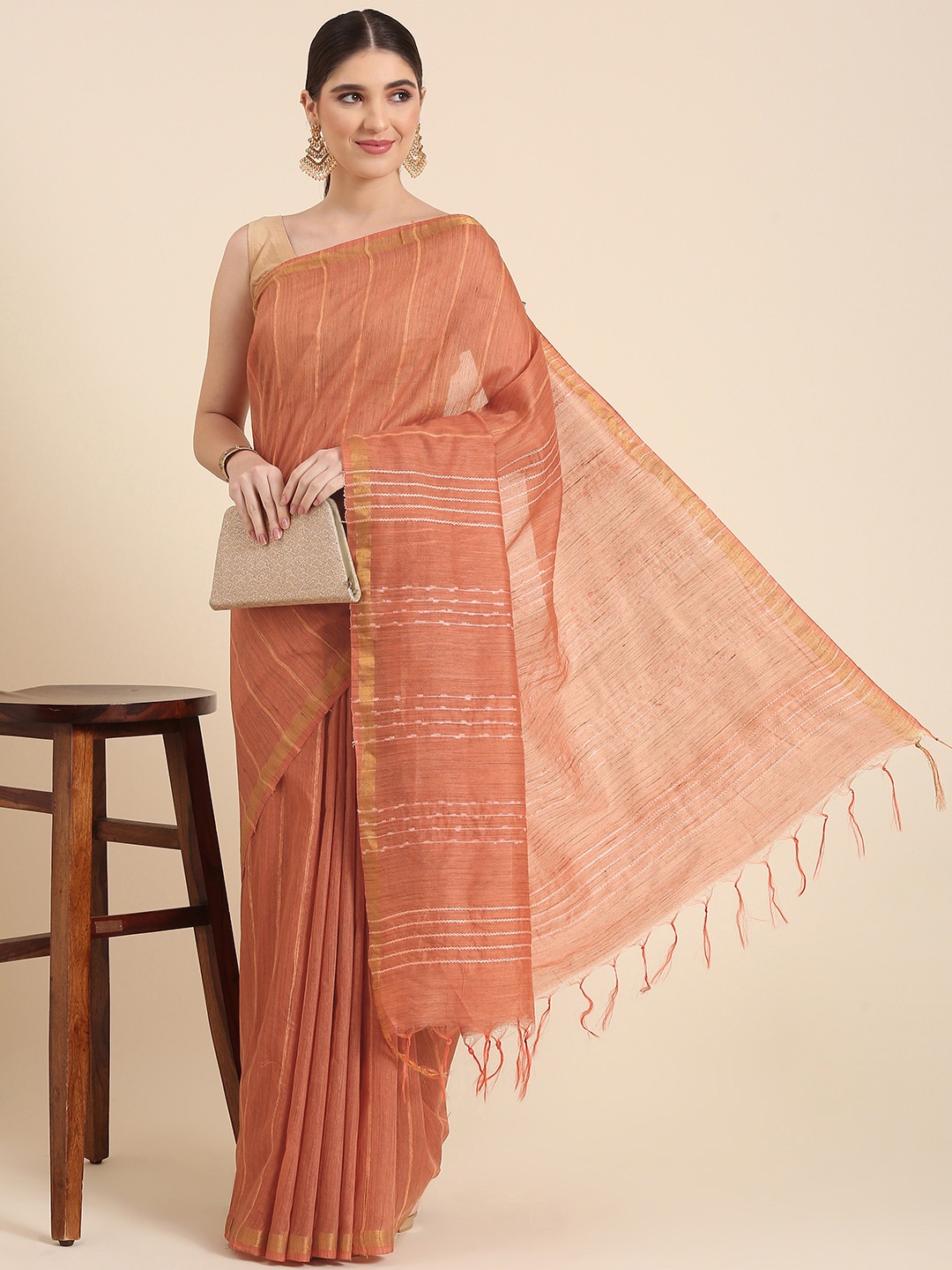 

swatika Woven Design Striped Bhagalpuri Saree, Orange