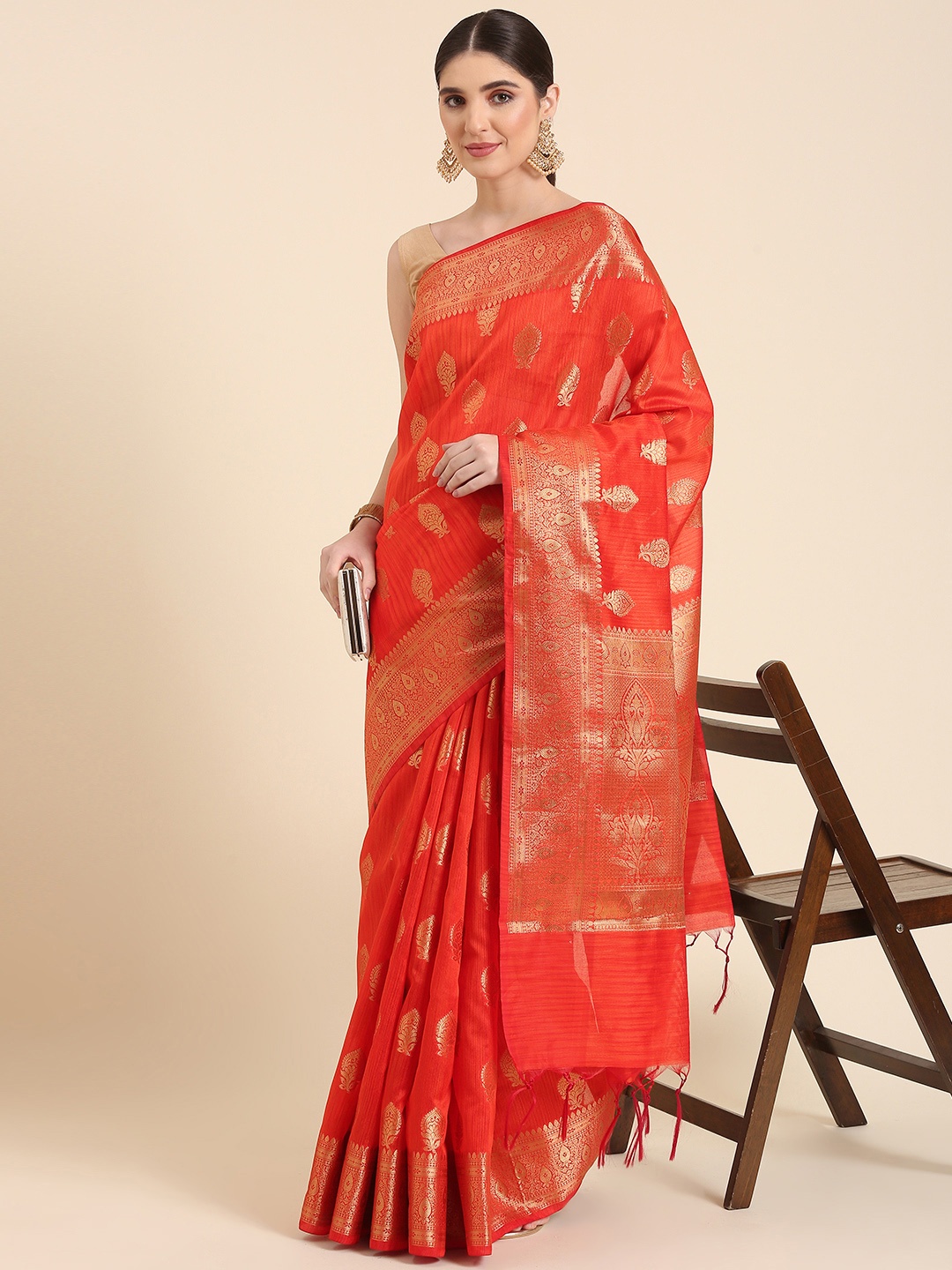 

swatika Woven Design Ethnic Motifs Zari Banarasi Saree, Orange