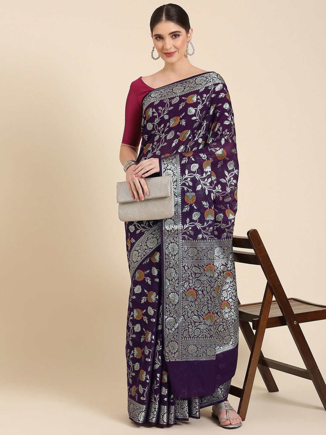 

swatika Woven Design Ethnic Motifs Zari Banarasi Saree, Purple