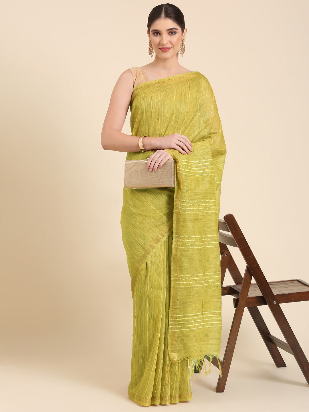 

swatika Woven Design Striped Bhagalpuri Saree, Yellow