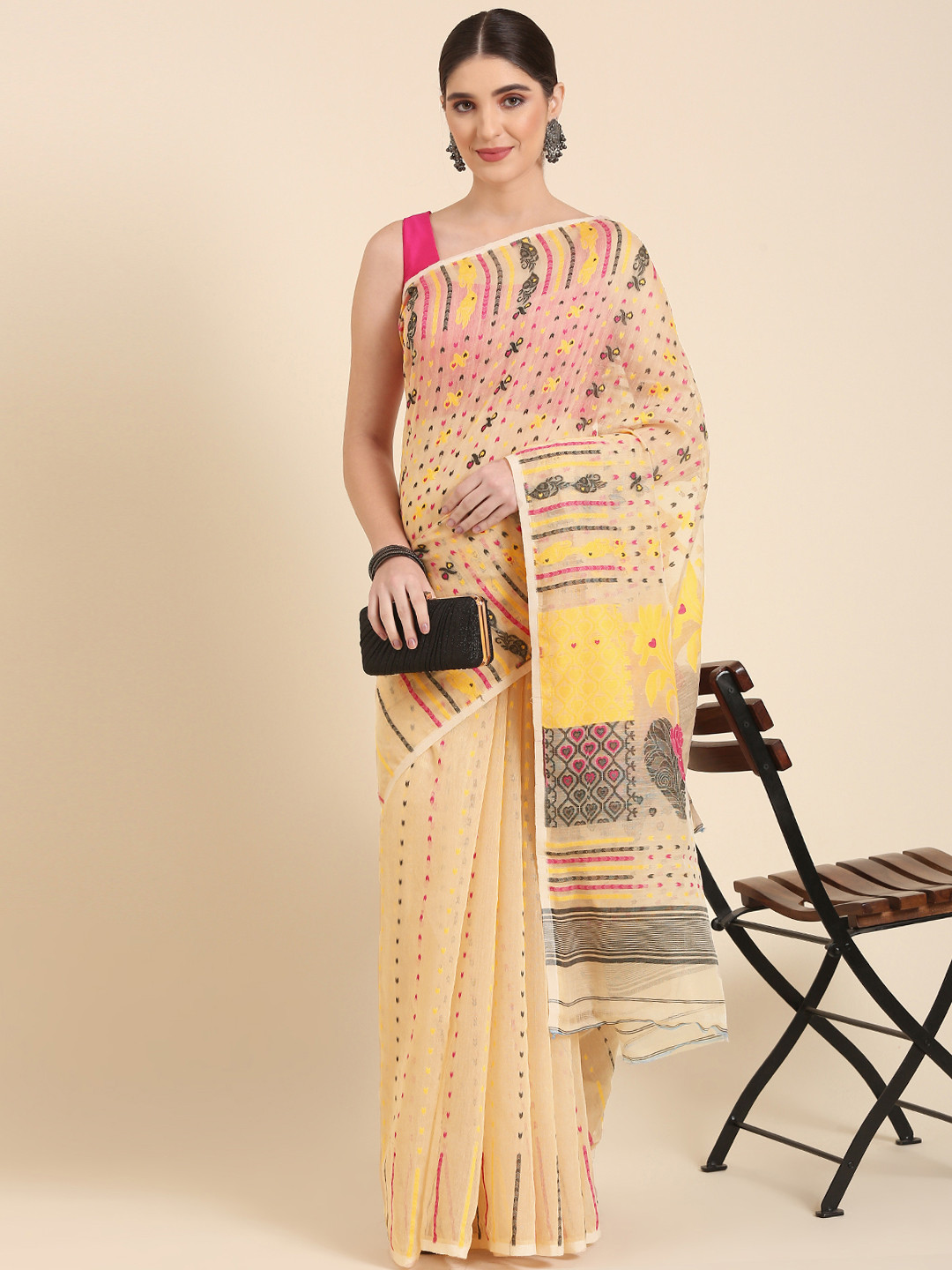 

swatika Woven Design Ethnic Motifs Jamdani Saree, Cream