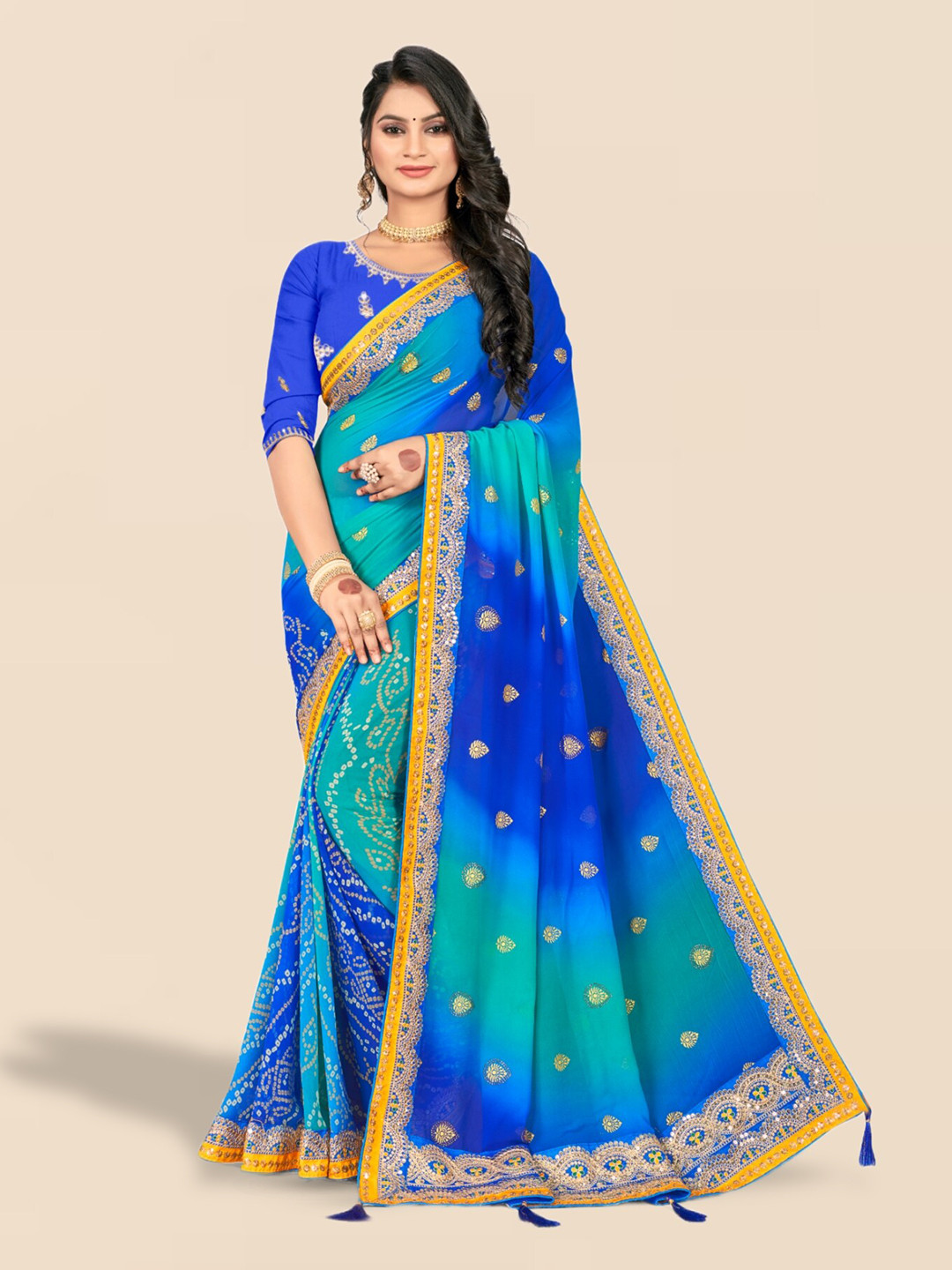 

Mitera Bandhani Printed & Embroidered Poly Georgette Saree, Blue