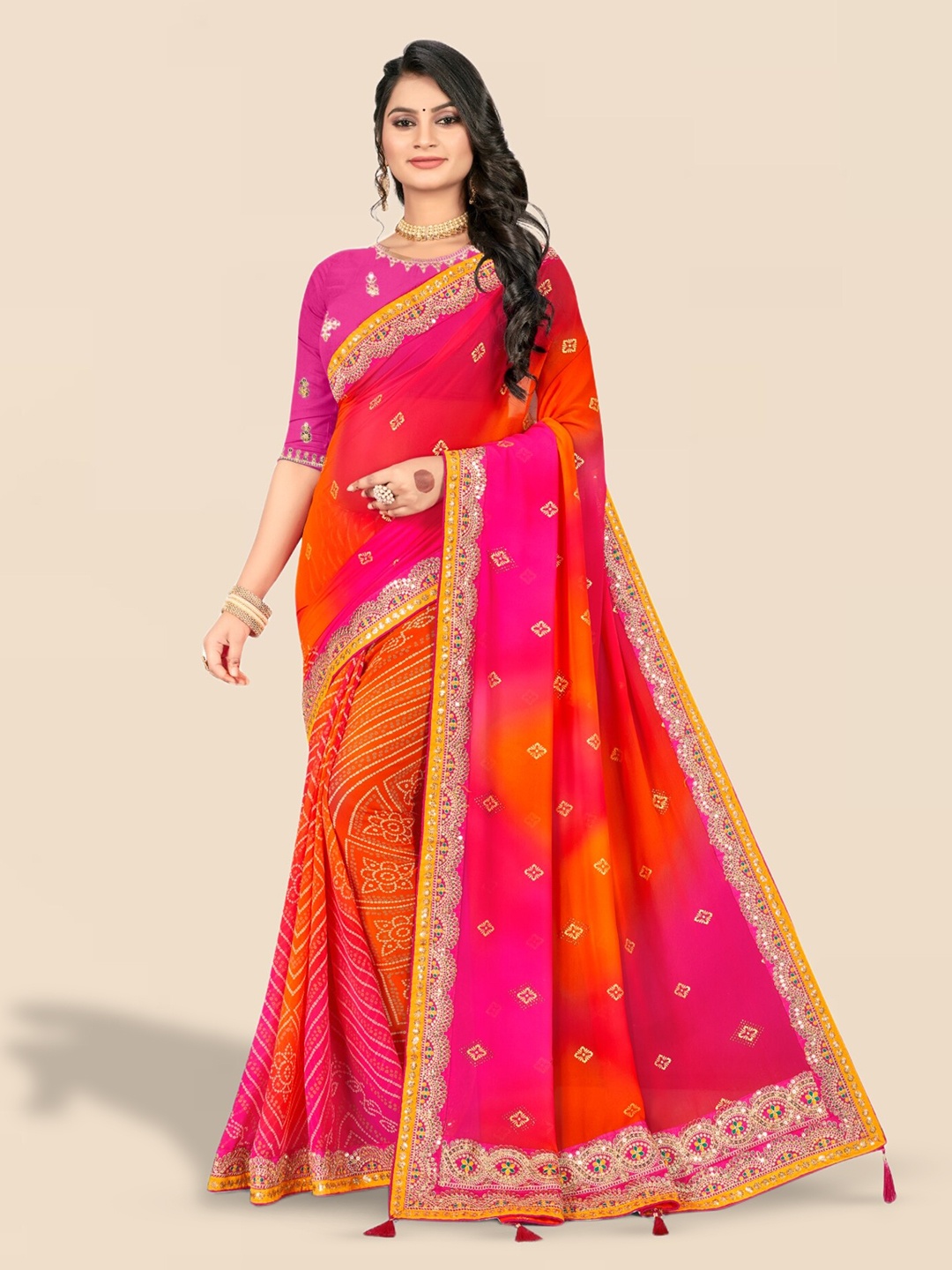 

Mitera Pink & Orange Printed Poly Georgette Bandhani Saree