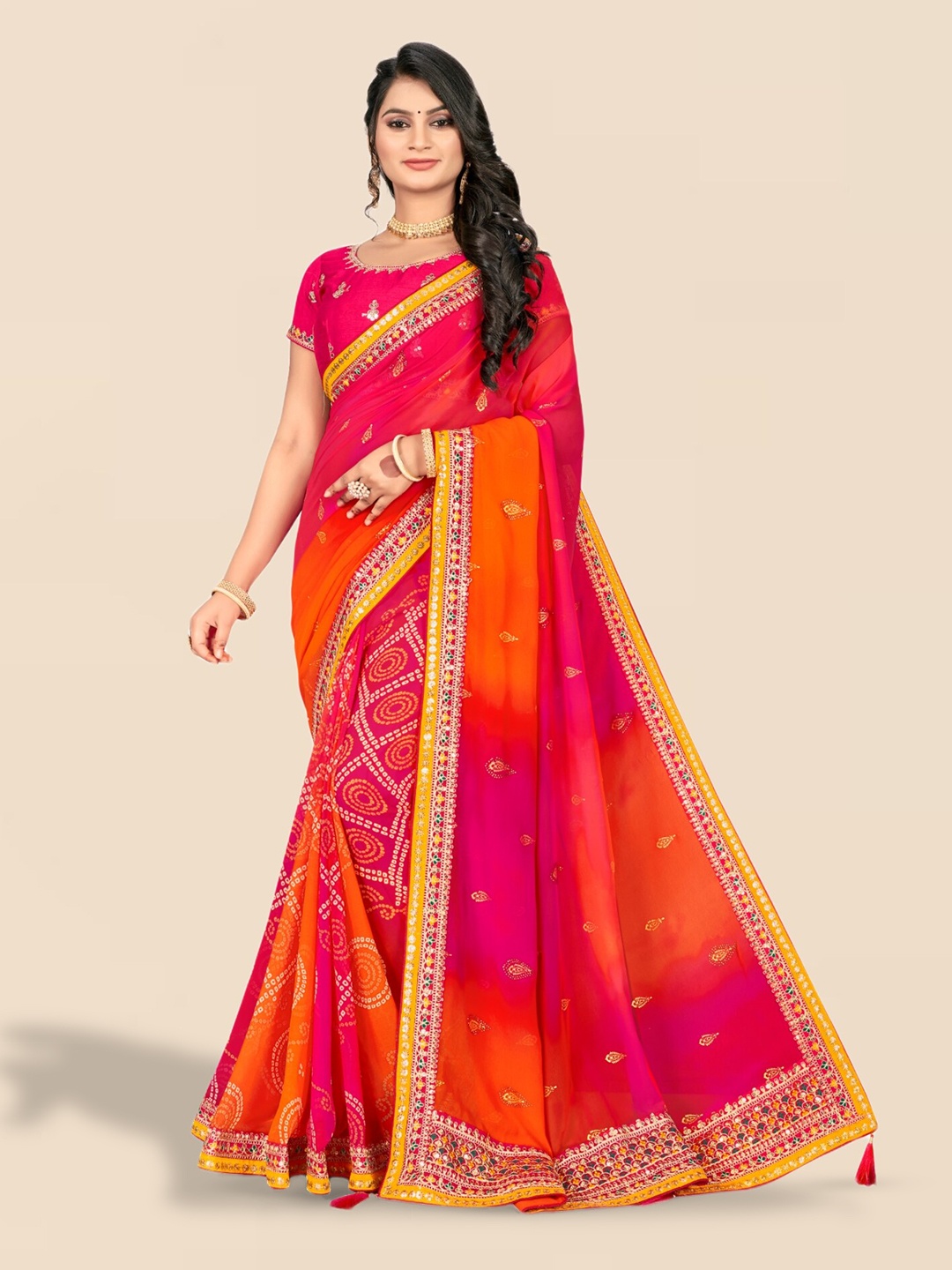 

Mitera Bandhani Printed & Embroidered Poly Georgette Saree, Pink