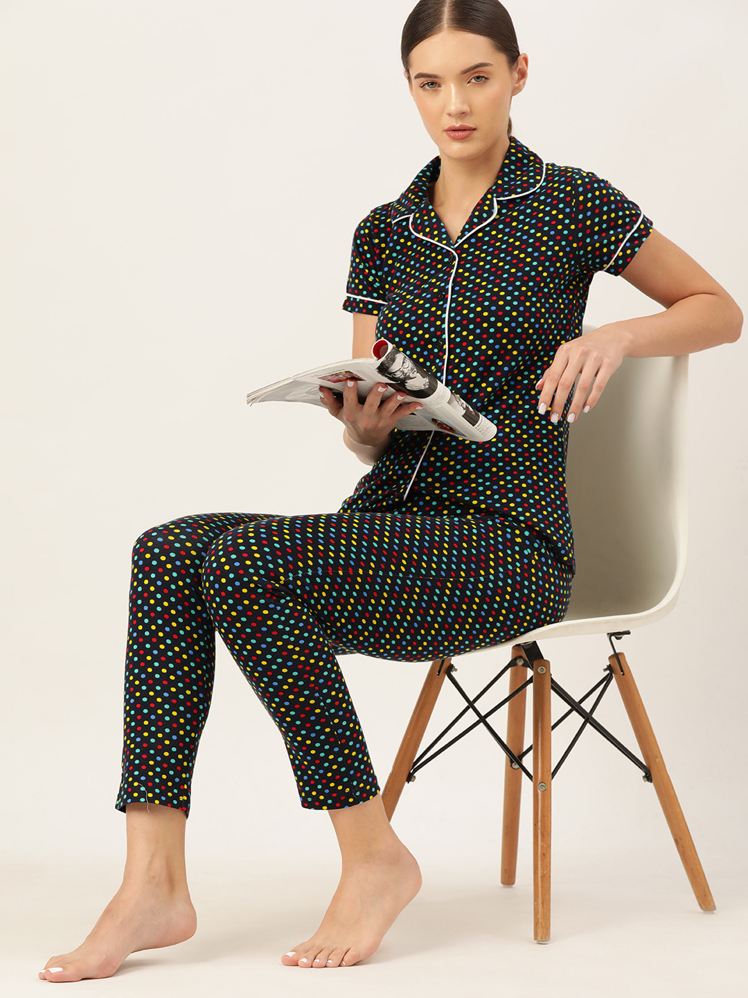 

ETC Women Polka Dots Printed Night Suit, Black