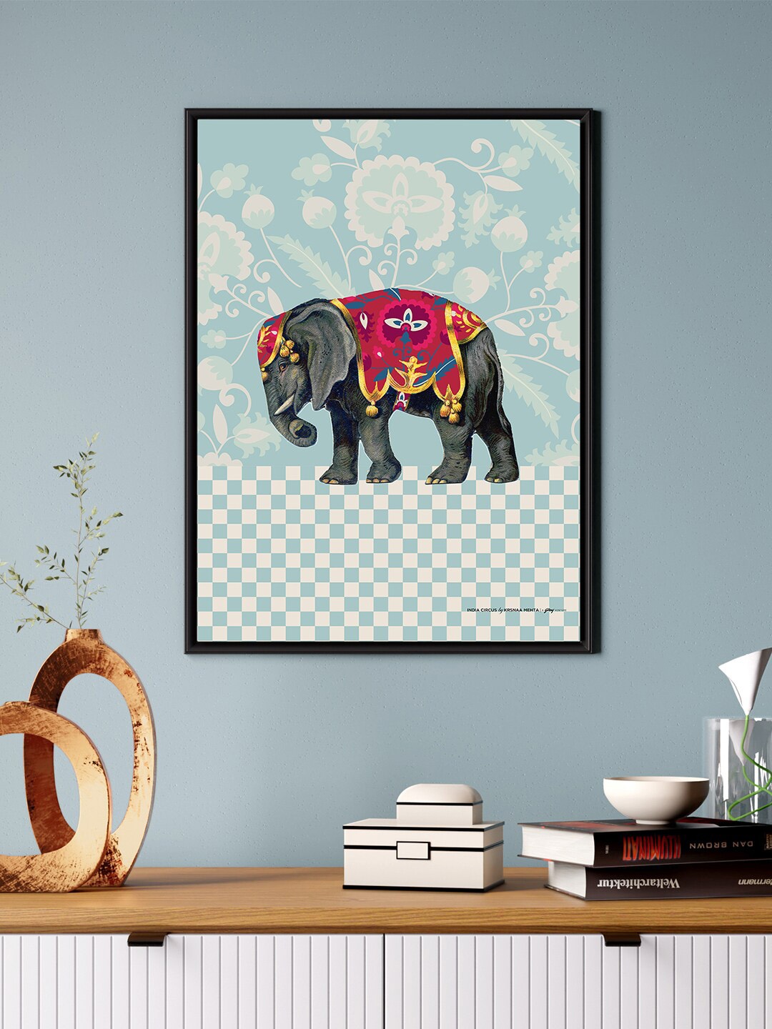 

India Circus by Krsnaa Mehta Tusker Prime Blue & Black Printed Framed Wall Art