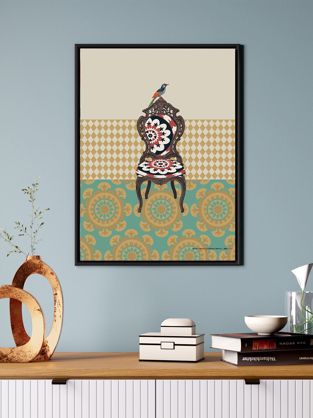

India Circus by Krsnaa Mehta Beige & Blue Printed Canvas Framed Wall Art