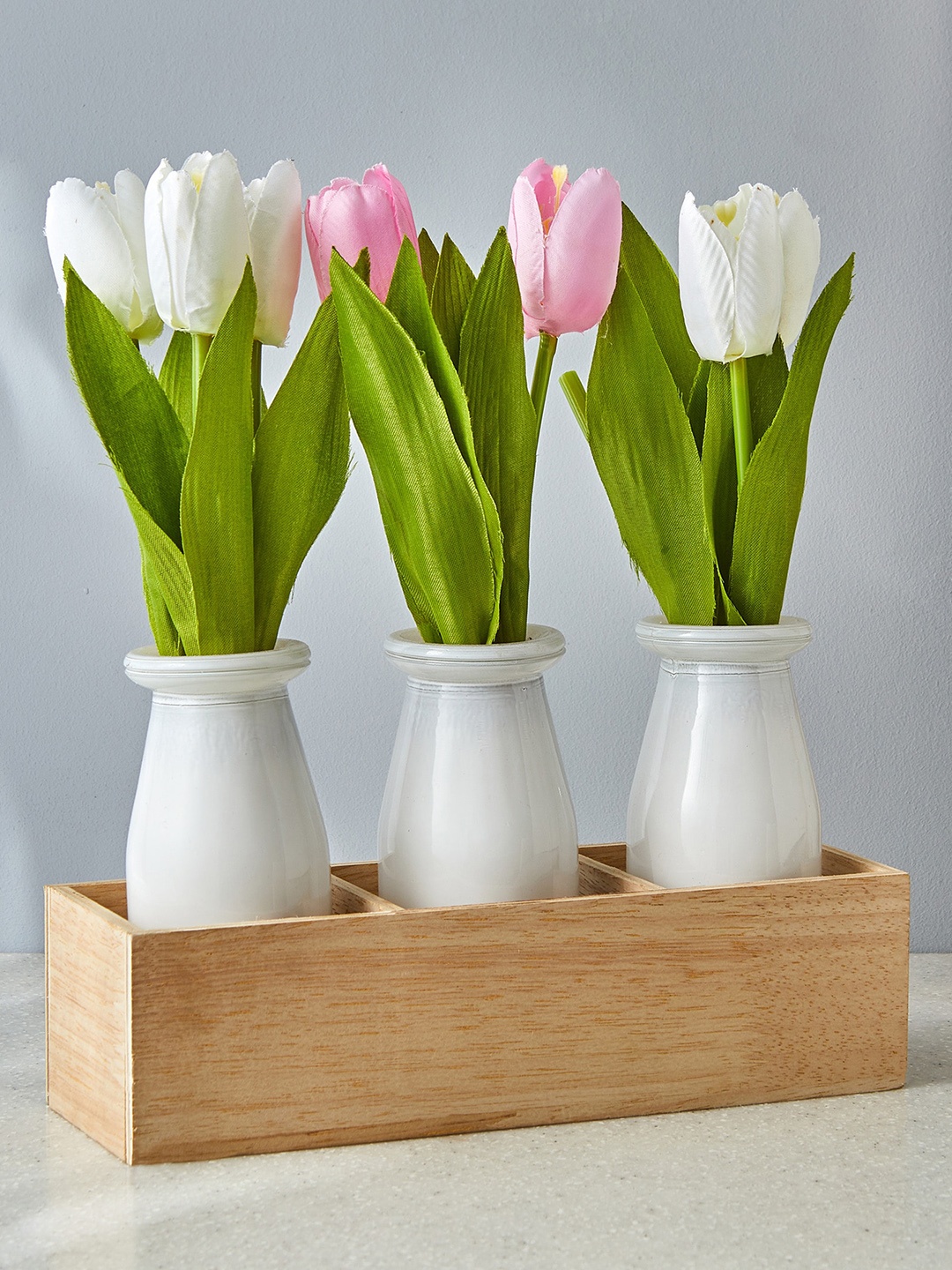 

Home Centre Gloria 3 Pcs White & Pink Faux Tulips In Glass Pots