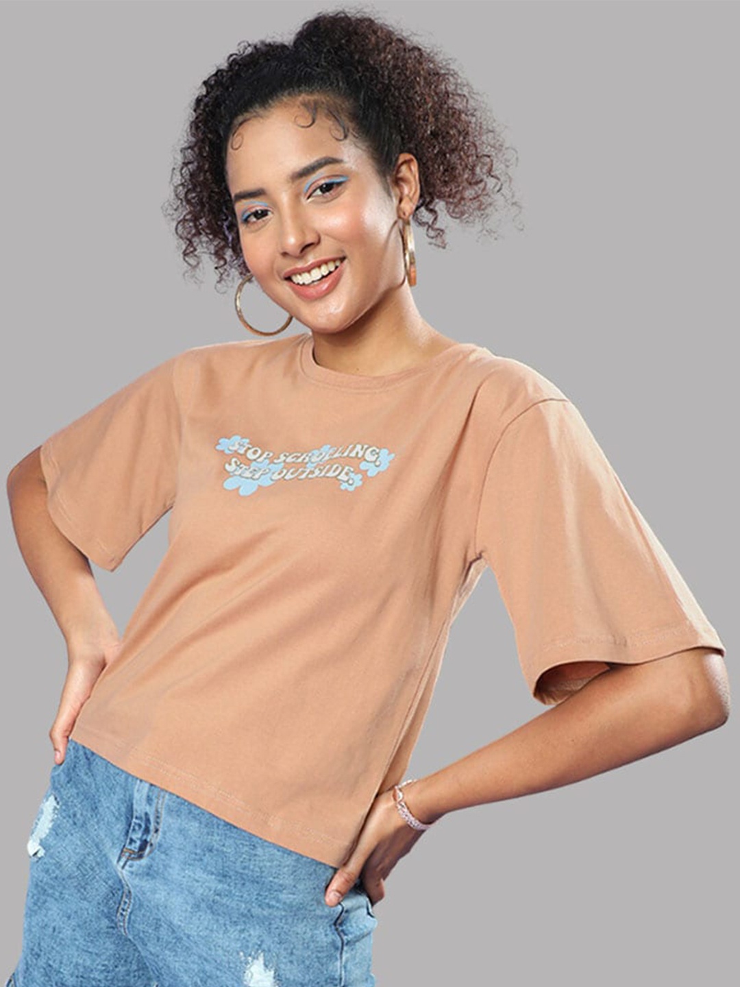 

JUNEBERRY Typography Printed Cotton Bio Finish T-shirt, Brown