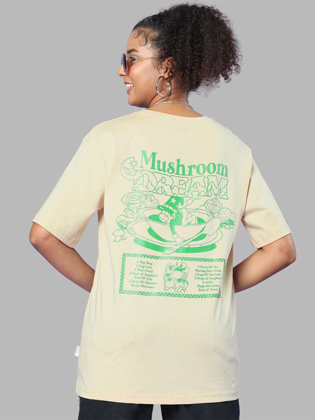 

JUNEBERRY Graphic Printed Bio Finish Oversized Cotton T-shirt, Beige