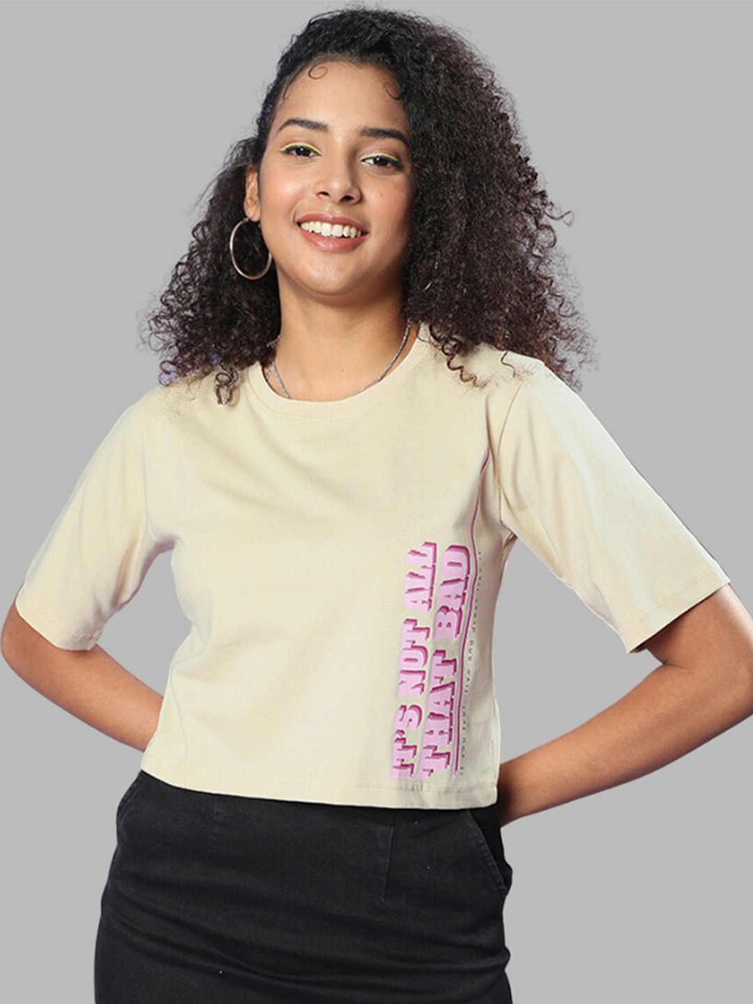 

JUNEBERRY Typography Printed Cotton Bio Finish T-shirt, Beige