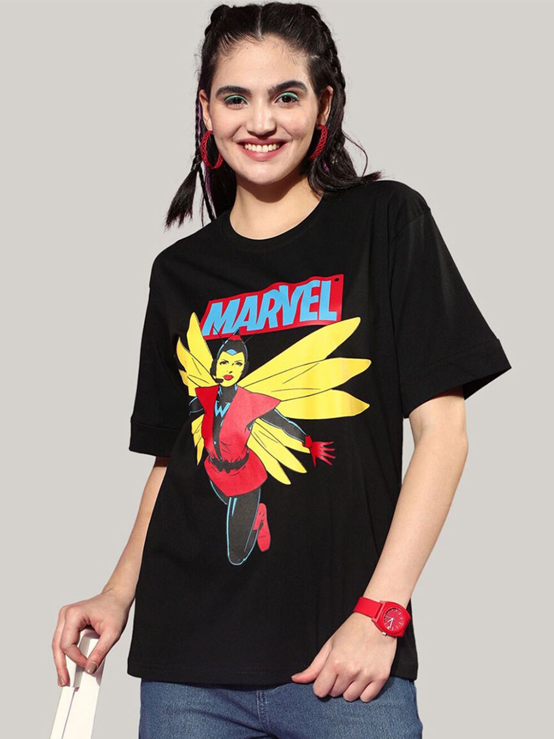 

JUNEBERRY Marvel & Wanda Ant-Man Printed Bio Finish Cotton Oversized Longline T-shirt, Black