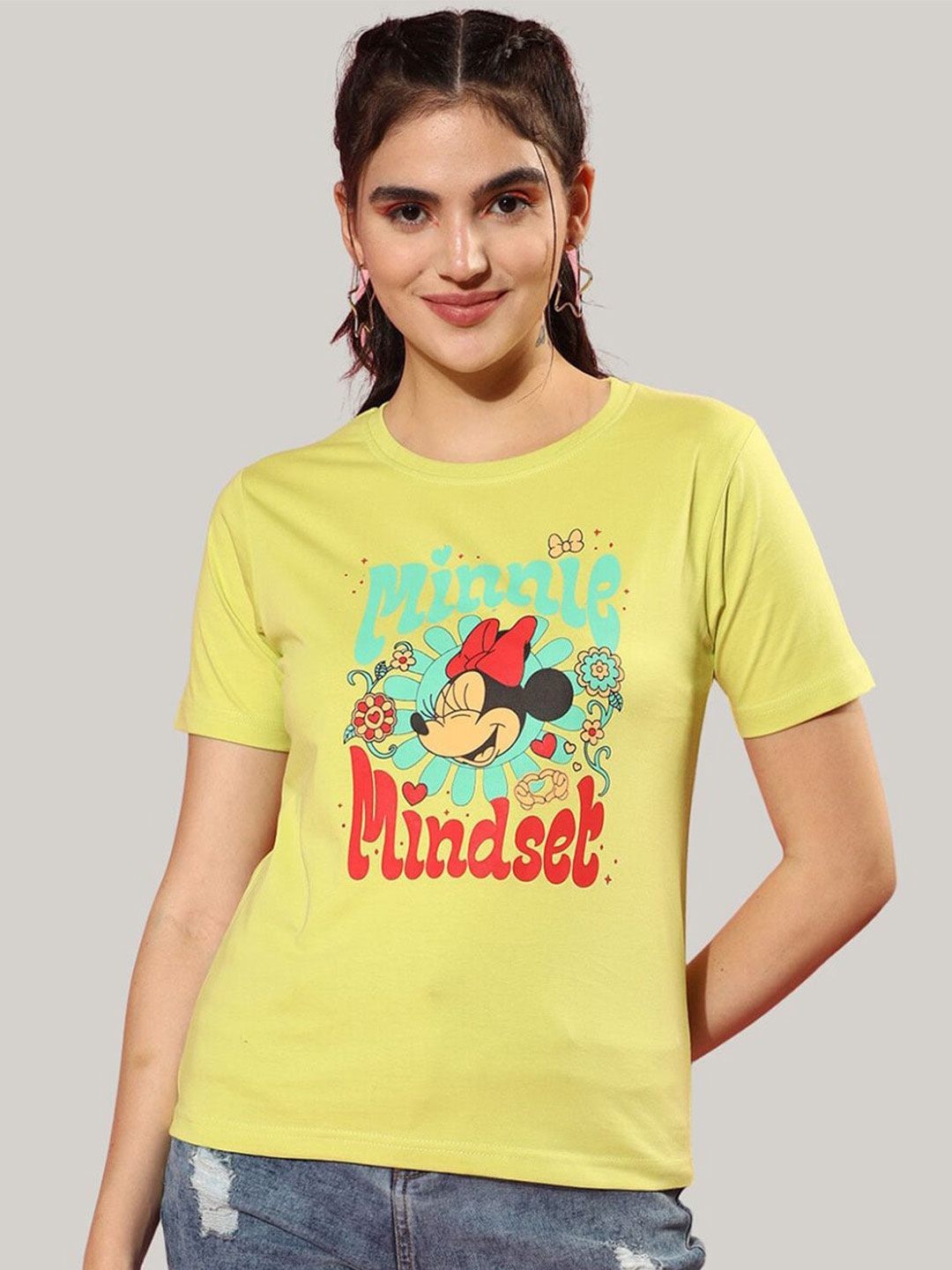 

JUNEBERRY Disney Minnie Mouse Printed Bio Finish Cotton T-shirt, Lime green