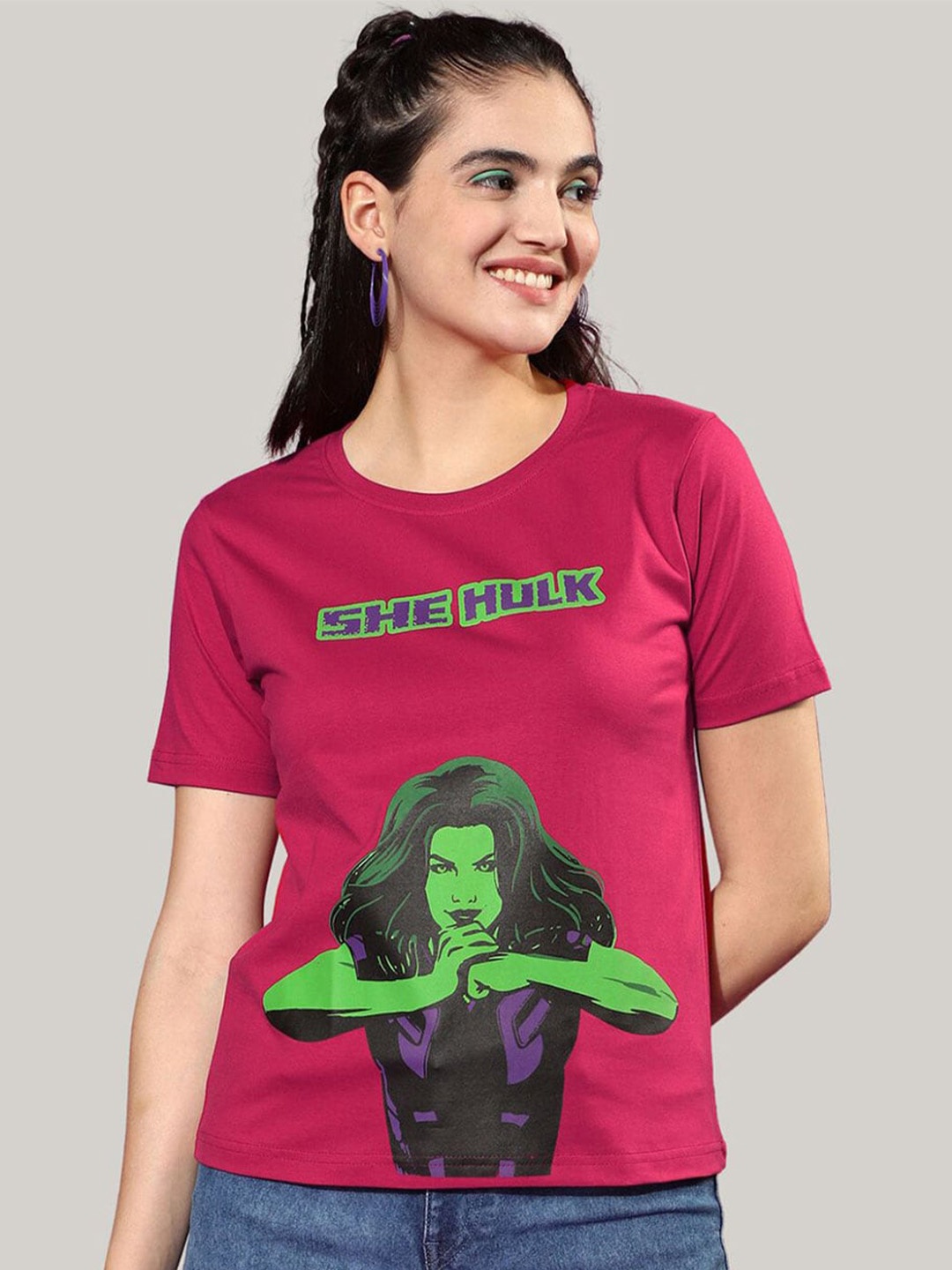 

JUNEBERRY Marvel Hulk Printed Bio Finish Cotton T-shirt, Magenta