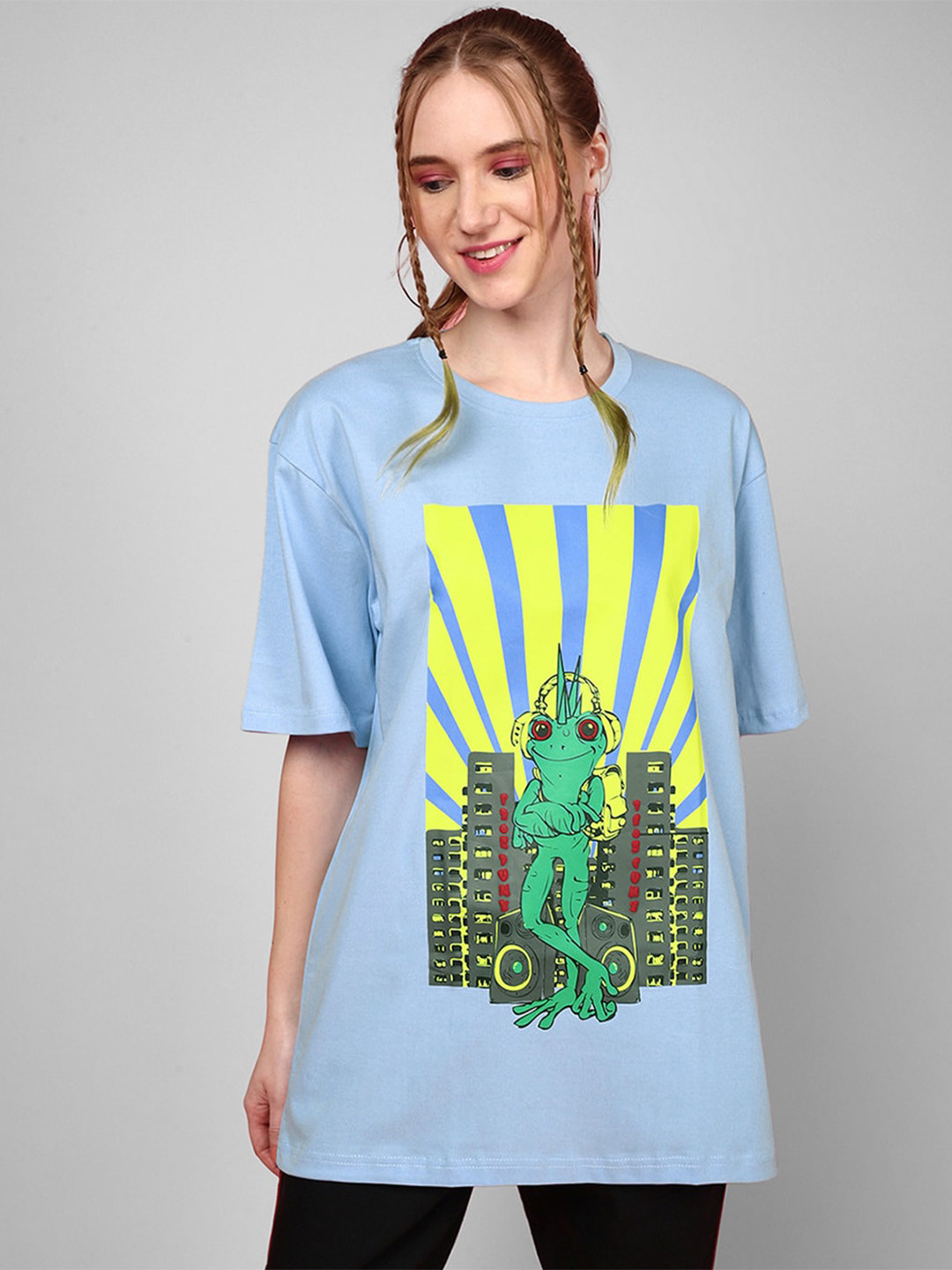 

JUNEBERRY Graphic Printed Drop Shoulder Sleeves Bio Finish Cotton Oversized T-shirt, Blue