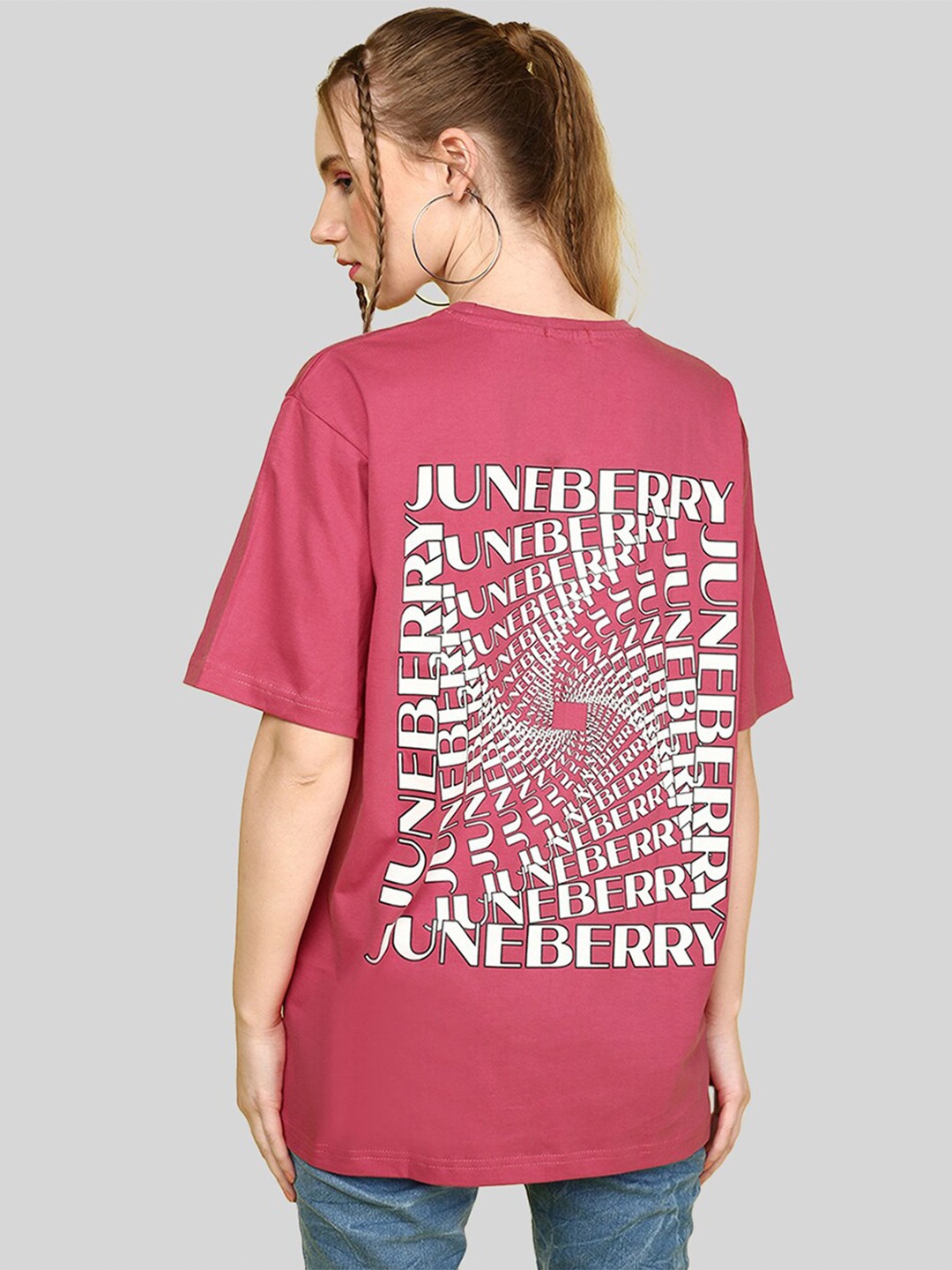 

JUNEBERRY Typography Printed Drop Shoulder Sleeves Bio Finish Cotton Oversized T-shirt, Magenta