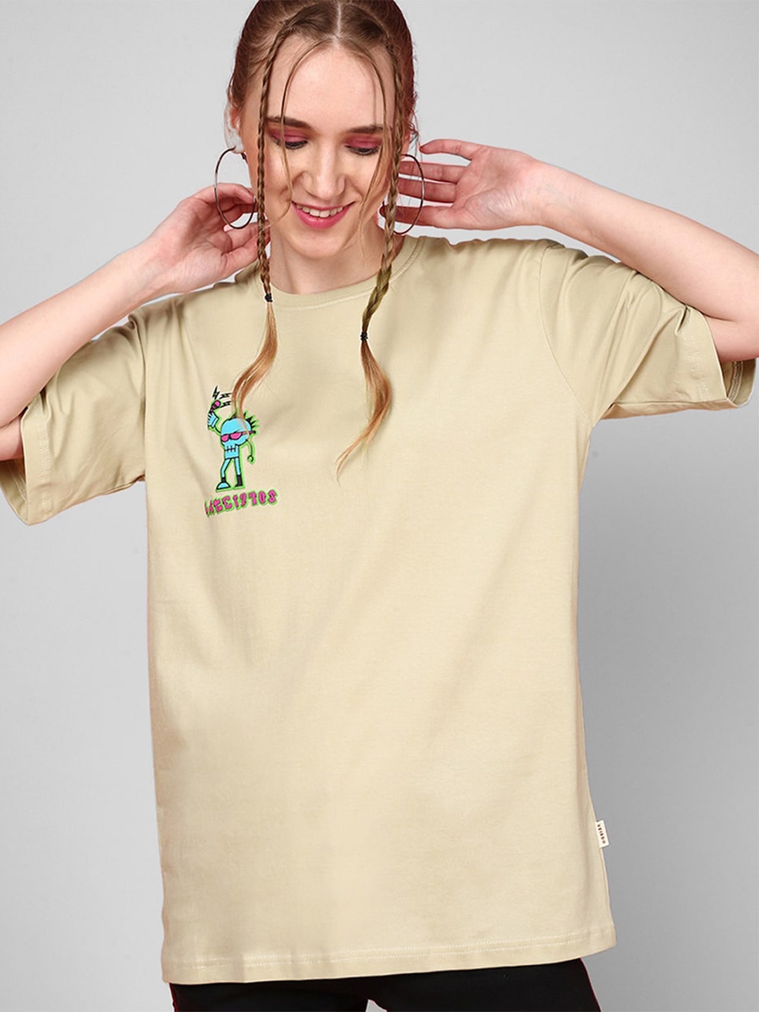 

JUNEBERRY Graphic Printed Drop Shoulder Sleeves Cotton Oversized T-shirt, Beige