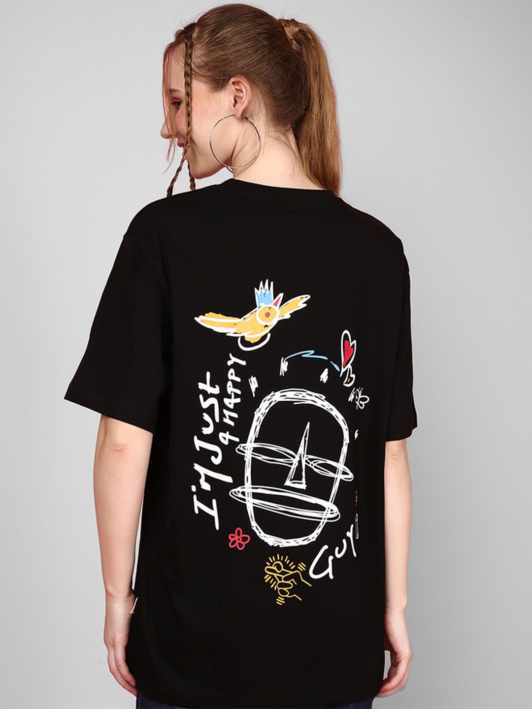 

JUNEBERRY Graphic Printed Drop Shoulder Sleeves Bio Finish Cotton Oversized T-shirt, Black