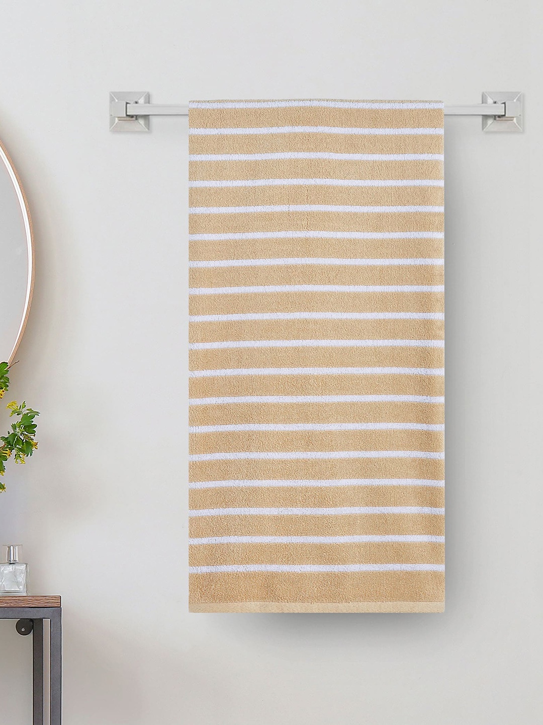 Home Centre Color Refresh Essence Beige & White Striped 500 GSM Cotton Bath Towel