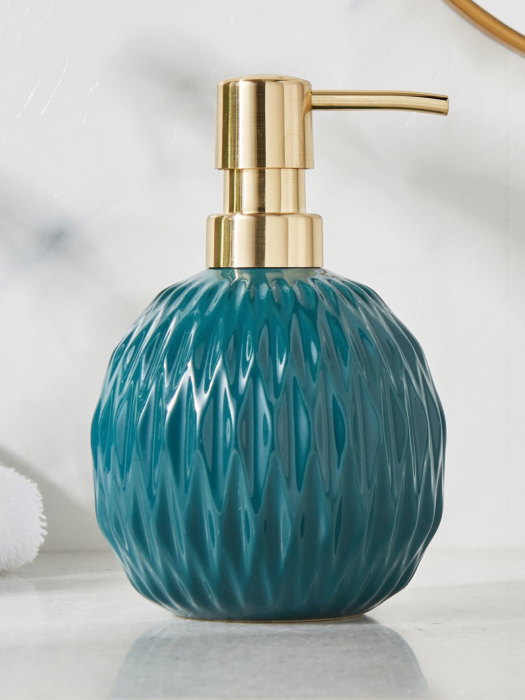 

Home Centre Colour Refresh Essence Nile Teal-Blue Textured Ceramic Soap Dispenser - 400ml