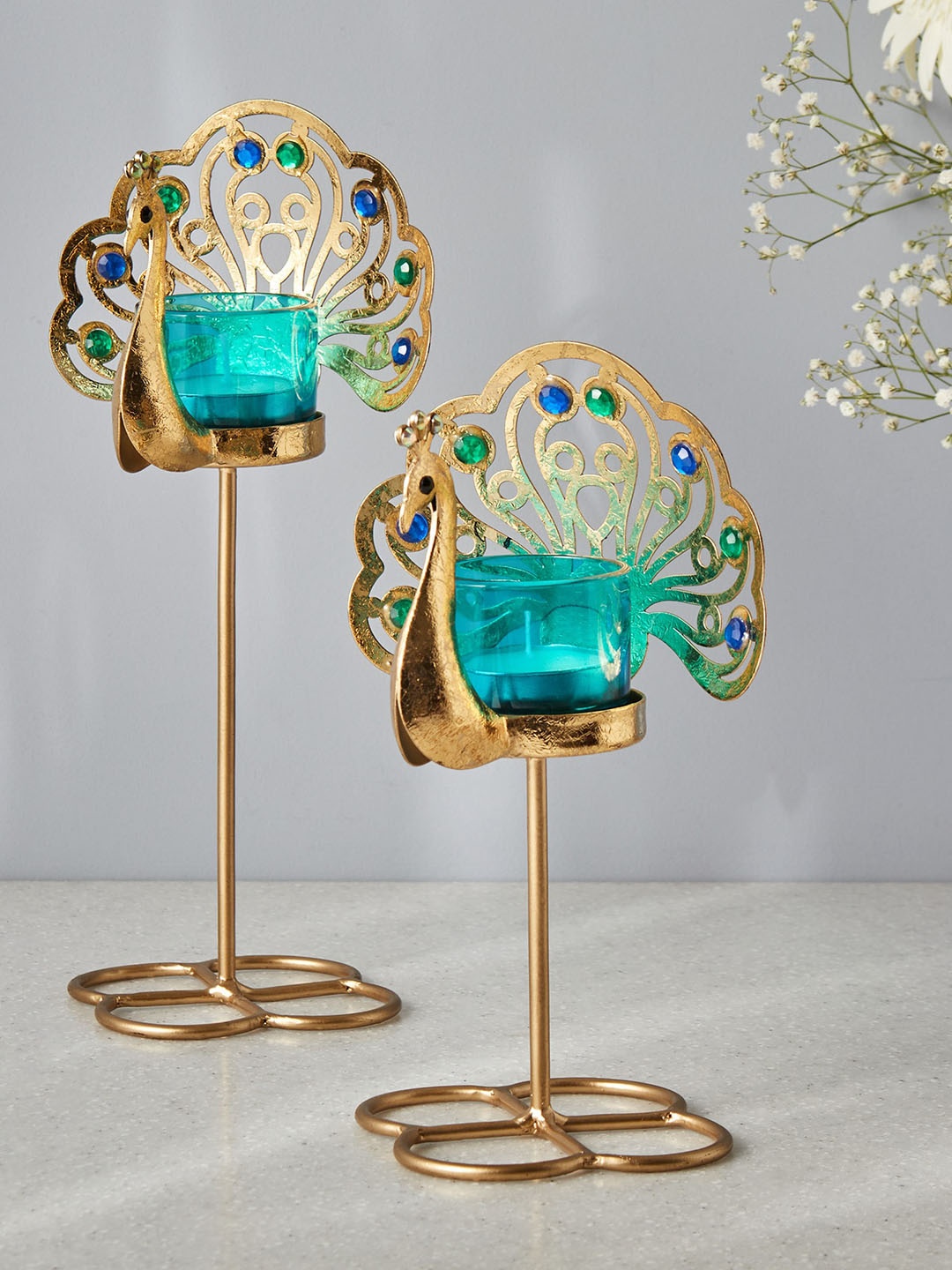 

Home Centre Teal Blue & Beige 2 Pieces Pedestal Candle Holders