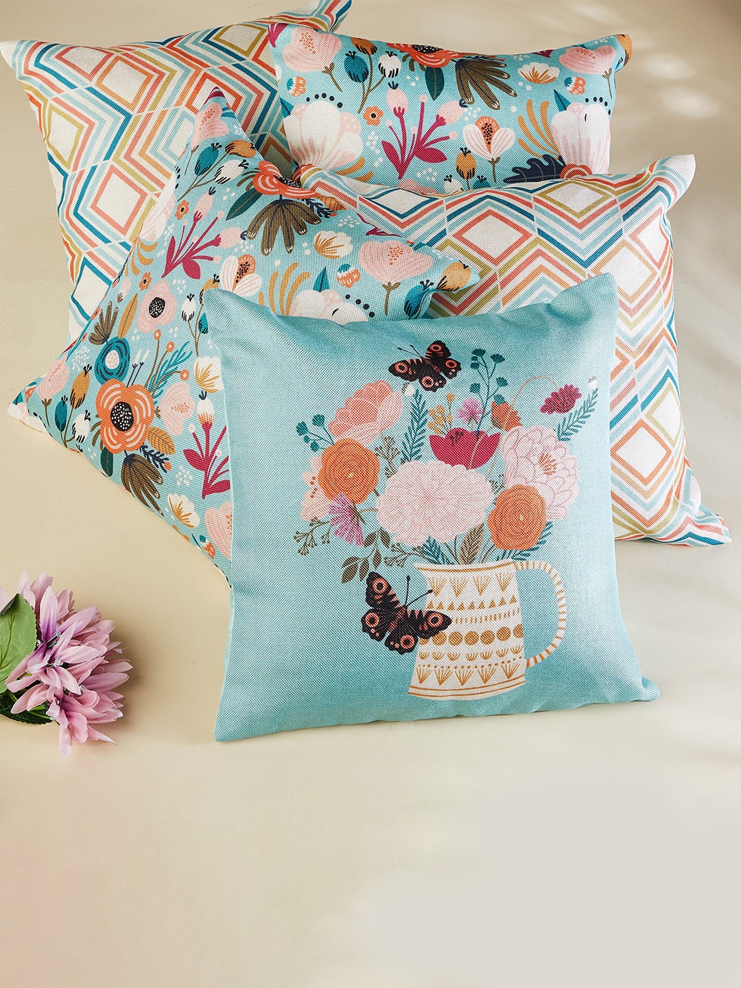 

Home Centre Pacific Vera 5 Pieces Blue & Pink Floral Square Cushion Covers