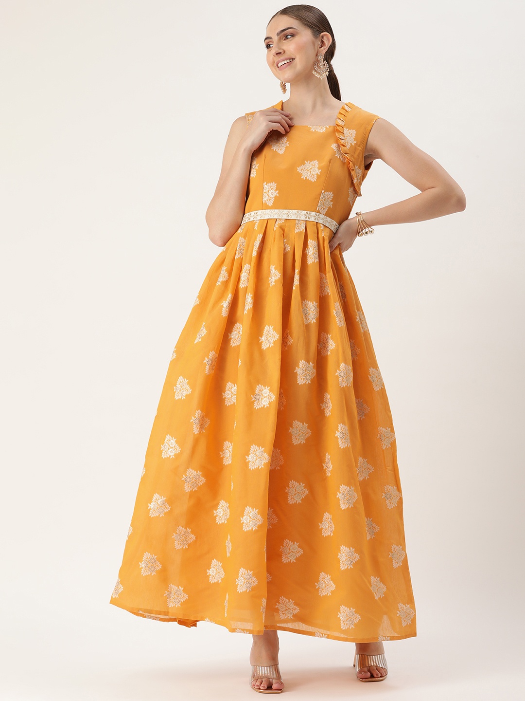 

Ethnovog Ethnic Motifs Print Maxi Gown with Belt, Mustard