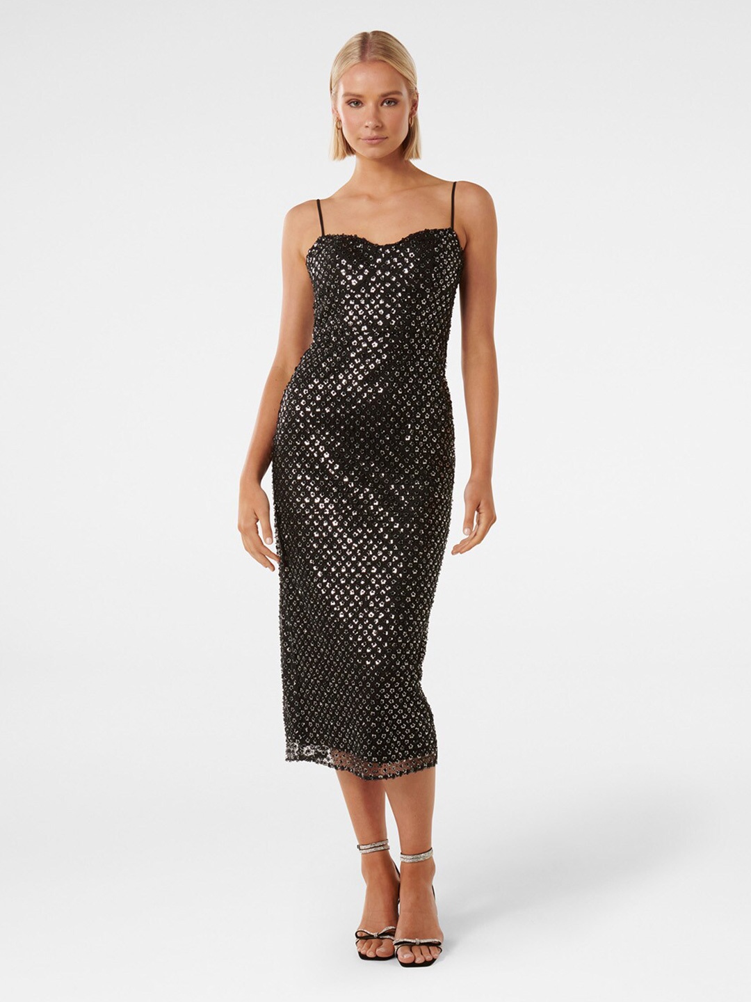 

Forever New Embellished Shoulder Strap Sequined Bodycon Midi Dress, Black