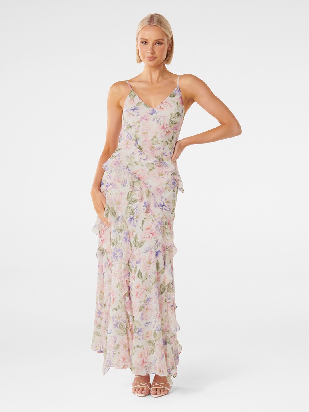

Forever New Floral Printed Shoulder Strap Ruffle Maxi Dress, White