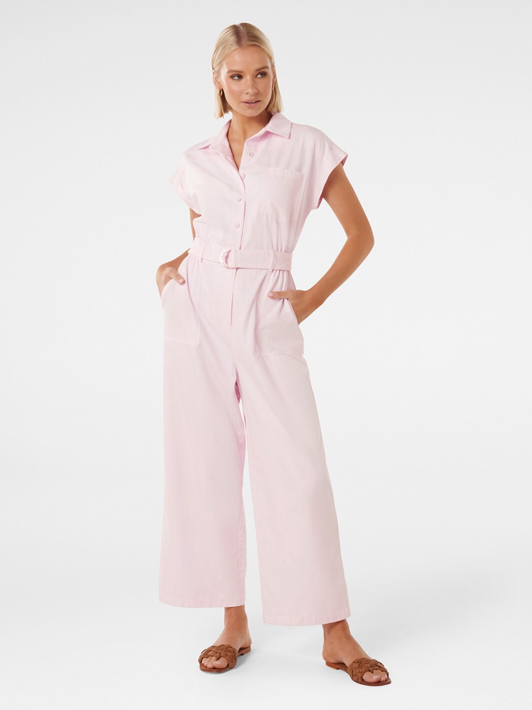 

Forever Shirt Collar Organic Cotton Basic Jumpsuit, Pink