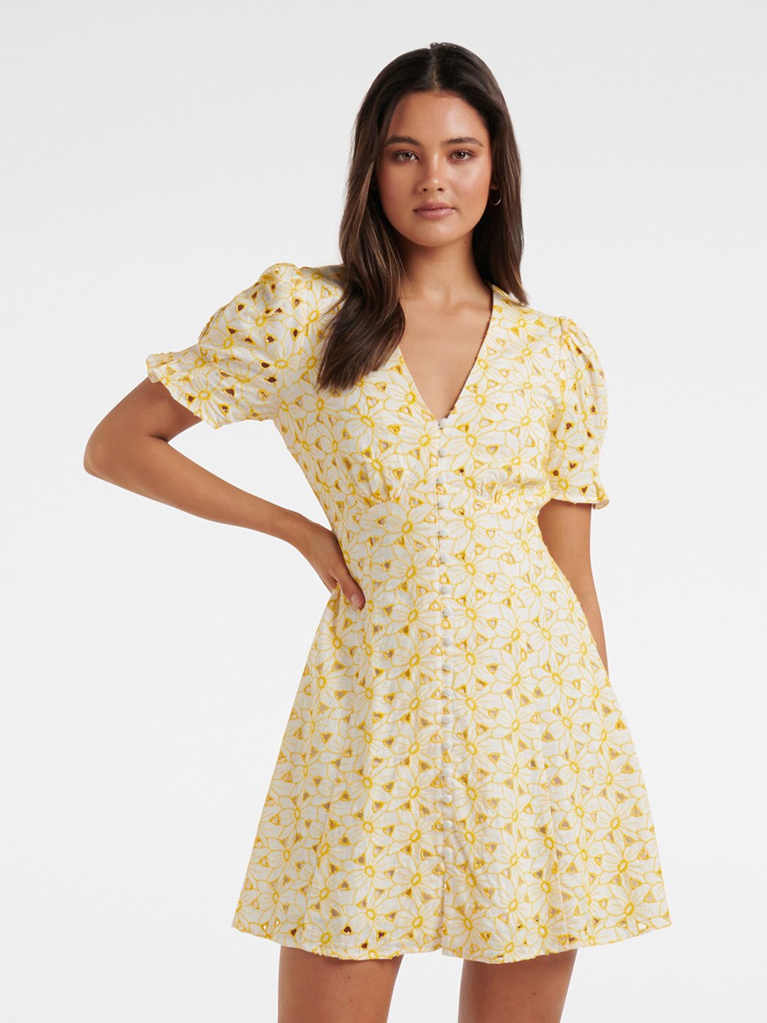 

Forever New Floral Printed V-Neck Puff Sleeve A-Line Dress, White