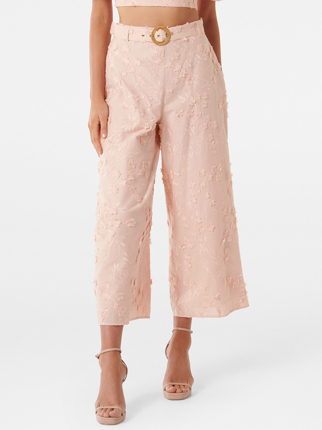 

Forever New Women Floral Embroidered High-Rise Cotton Culottes Trousers, Peach