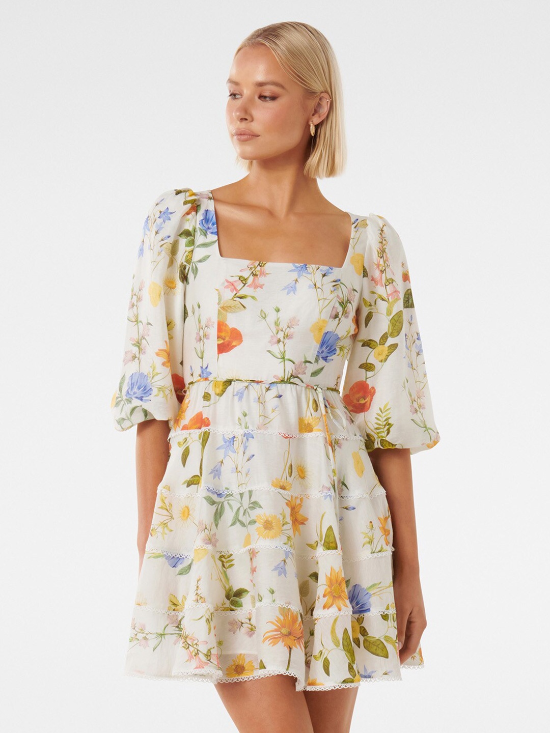 Forever New Floral Printed Square Neck Puff Sleeve Fit & Flare Mini Dress, White