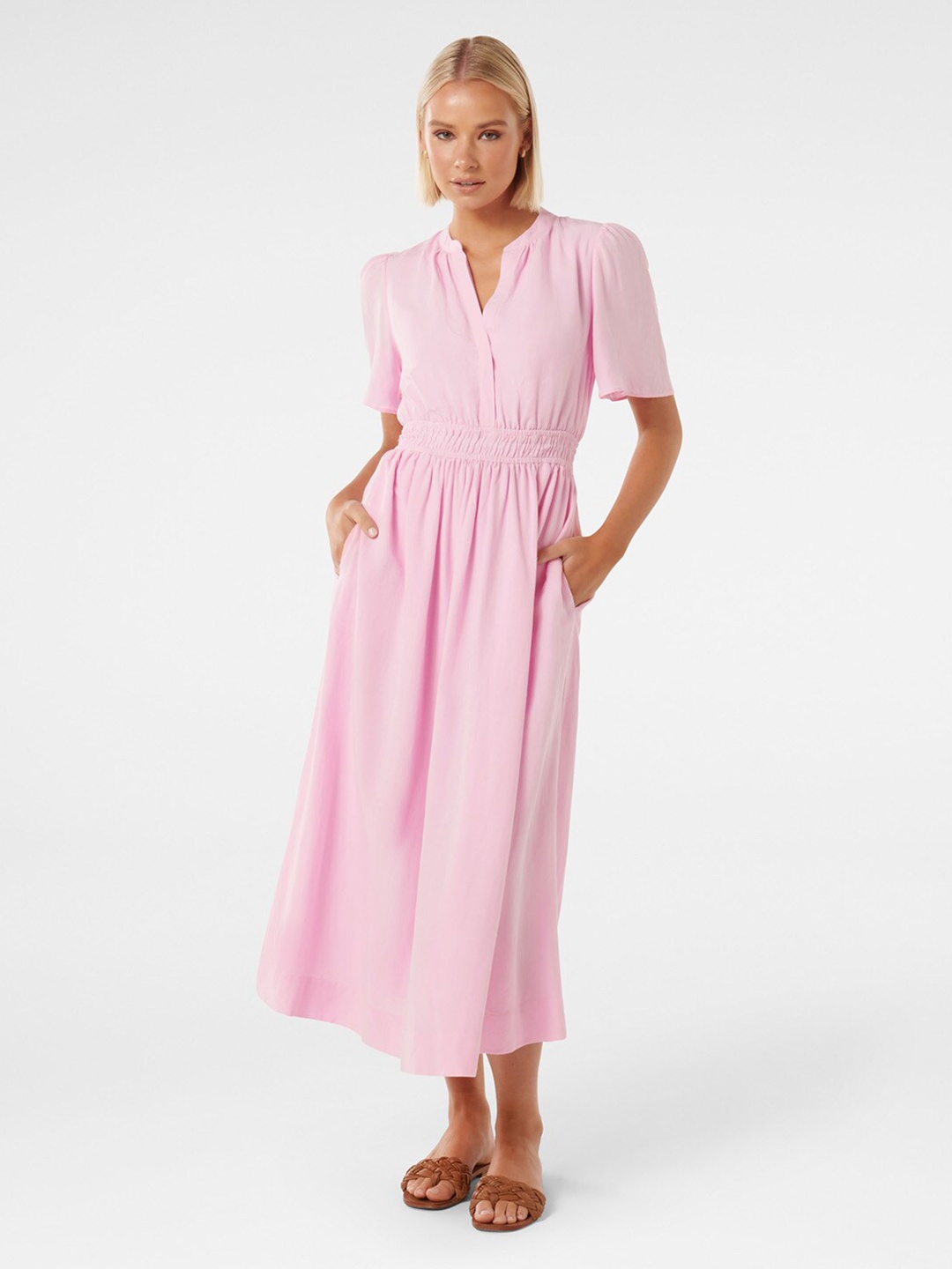 

Forever New Mandarin Collar Puff Sleeves Smocked Fit & Flare Midi Dress, Pink