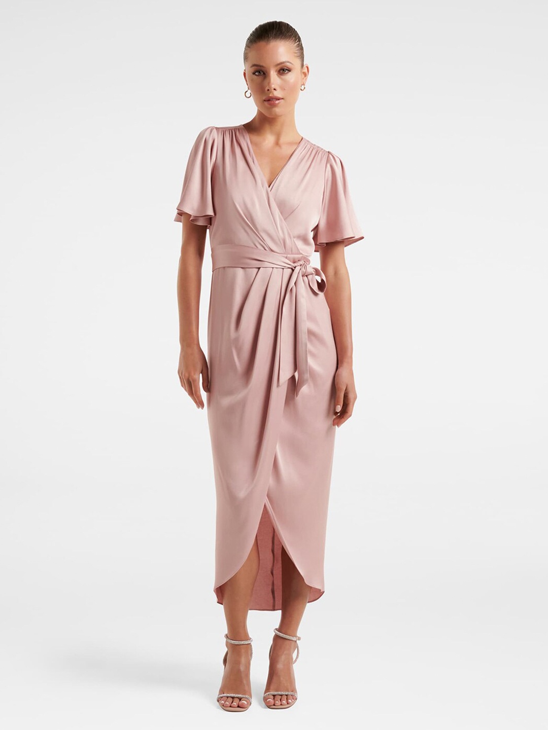 

Forever New V-Neck Flared Sleeve Tie-Ups Detail Satin Midi Wrap Dress, Pink