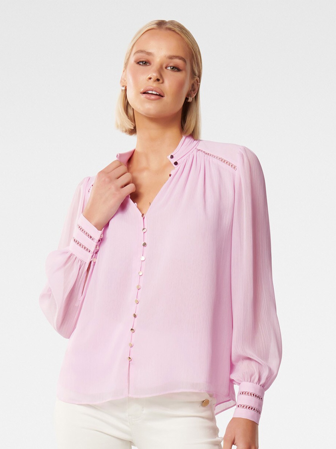

Forever New Mandarin Collar Cuffed Sleeves Shirt Style Top, Lavender