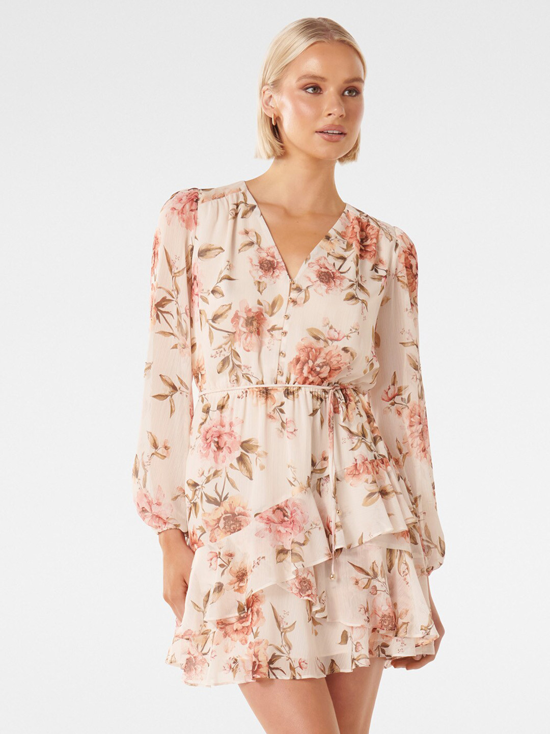 

Forever New Floral Printed Puff Sleeve Fit & Flare Mini Dress, Peach