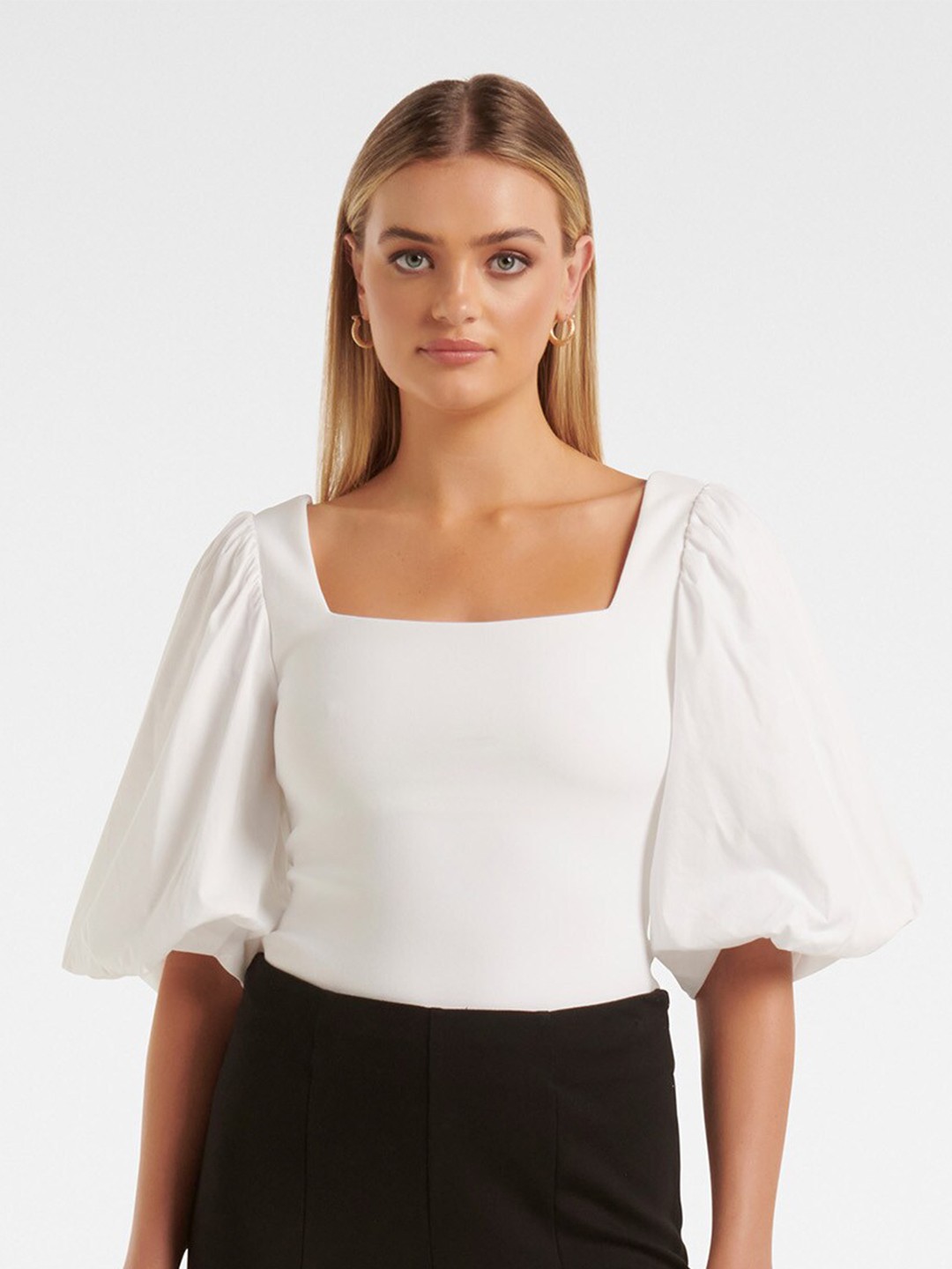 

Forever New Puff Sleeves Square Neck Top, White