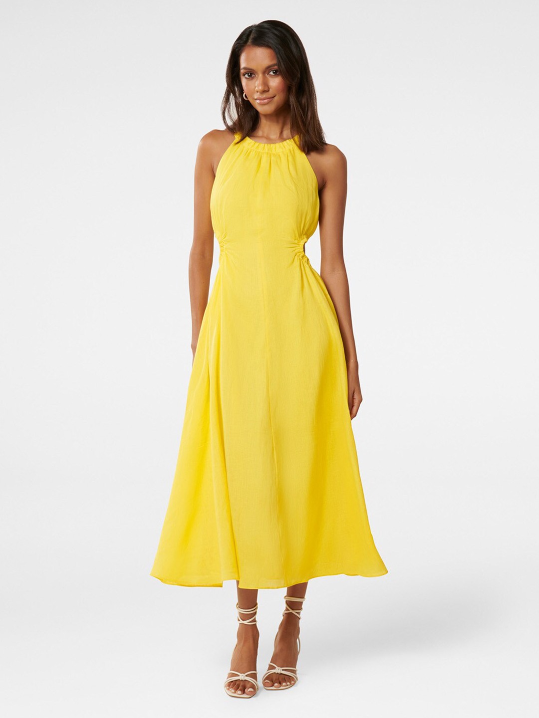 

Forever New Round Neck Cut-Outs Detail Linen A-Line Midi Dress, Yellow