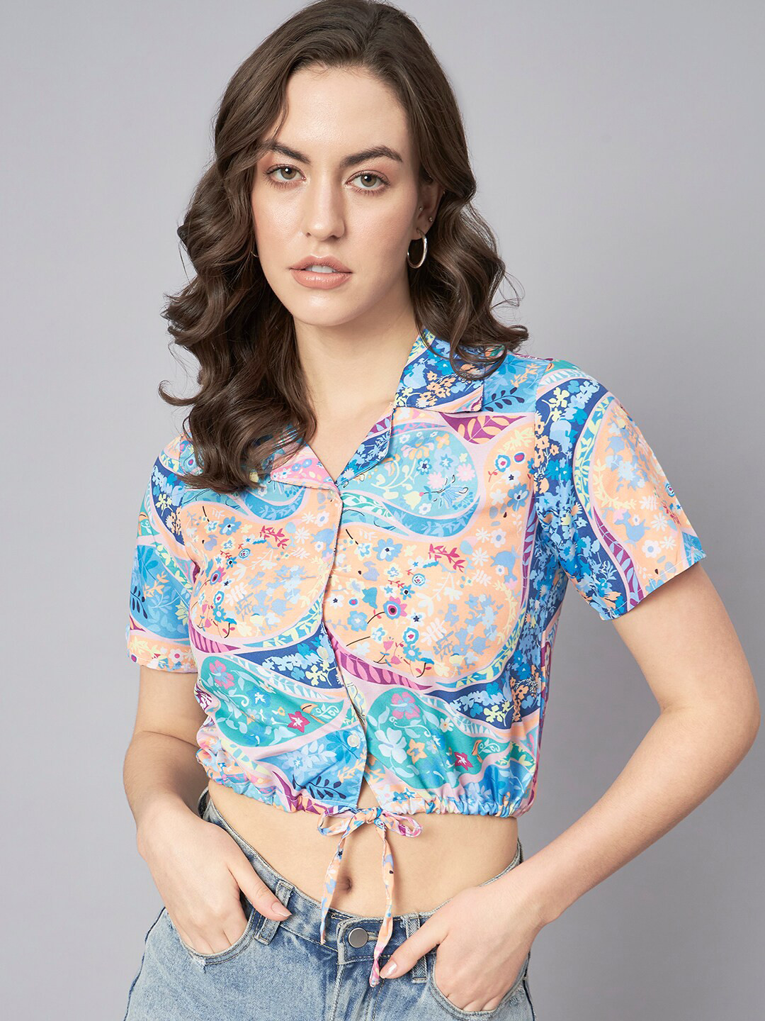 

The Dry State Blue Floral Printed Shirt Style Crop Top