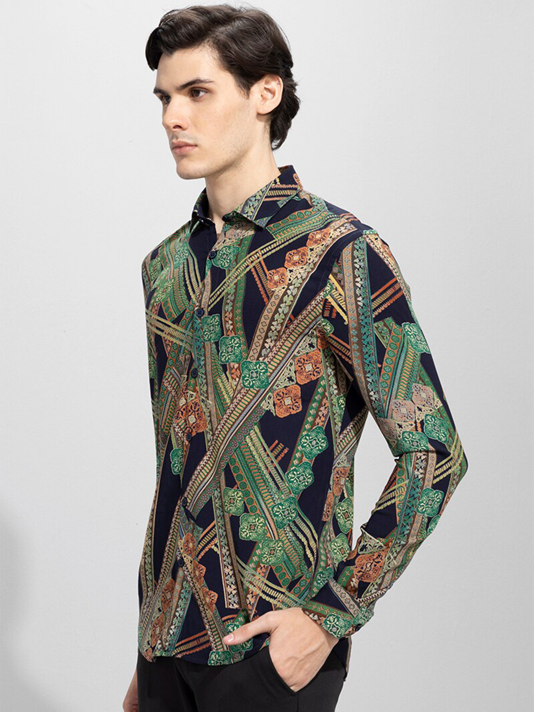 

Snitch Classic Slim Fit Floral Opaque Printed Cotton Casual Shirt, Green